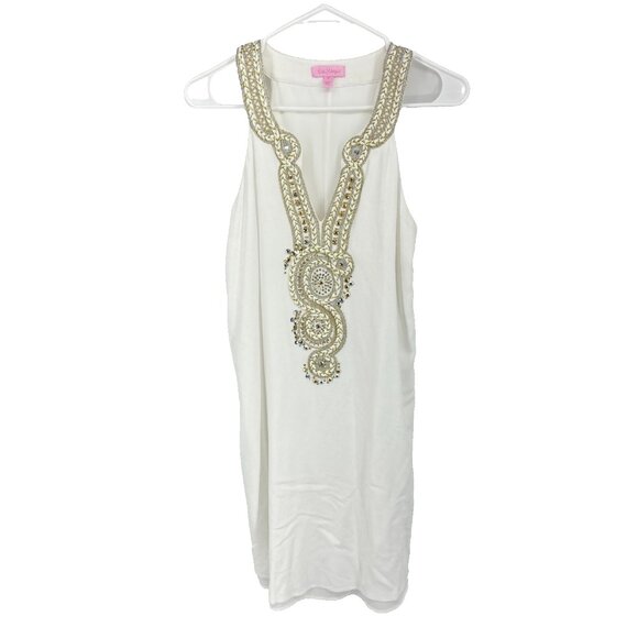 Lilly Pulitzer Women M Valli Soft Shirt Dress Mini White Gold Sparkle Rhinestone - Picture 2 of 10